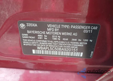 2011 BMW 335I xDrive from USA, damaged, VIN WBAPL5C50BA920151